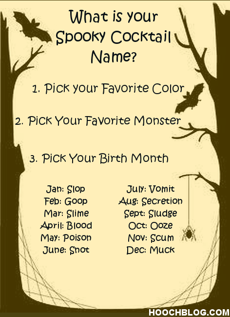 Halloween cocktail meme involving picking your favorite color, monster and a select word from your birth month.