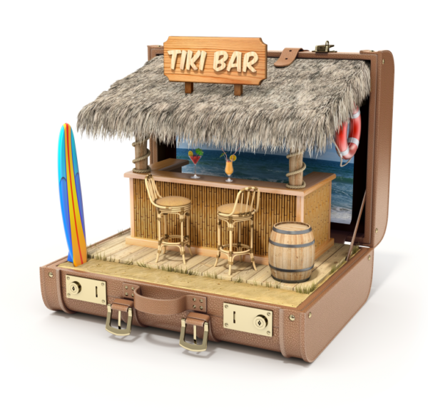 Tiki bar in an open suitcase